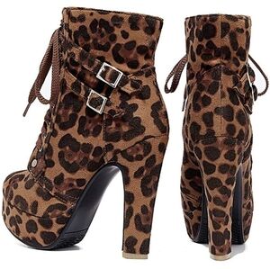 ForeMode Women Autumn Round Toe Lace up Ankle Buckle Chunky High Heel Platform